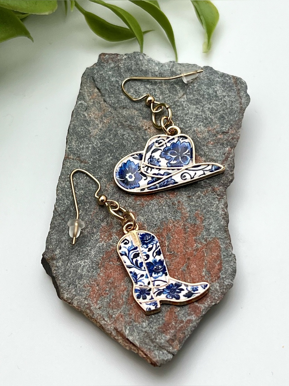 Blue and White Enameled Floral Cowboy Hat & Boot Dangle Earrings